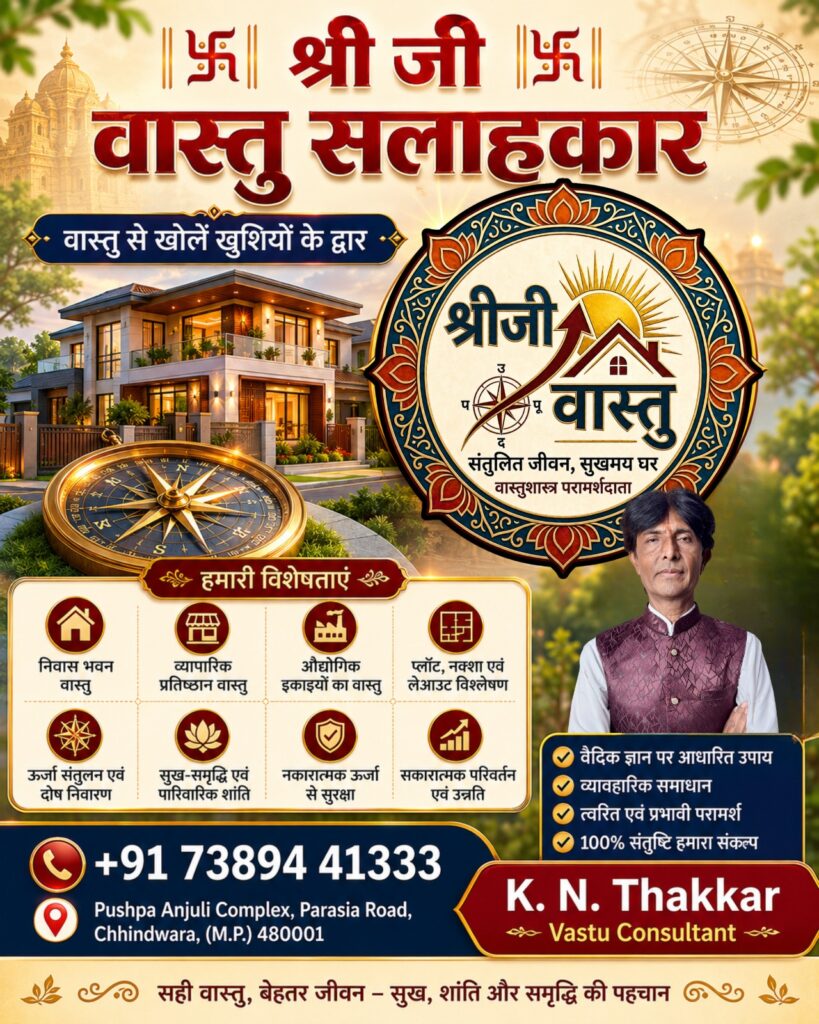 Shri Ji Vastu Salahkar promotional poster featuring Vastu consultant K.N. Thakkar, a luxury villa, a brass compass, and eight service icons for home, business, and industrial Vastu solutions in Chhindwara, Madhya Pradesh